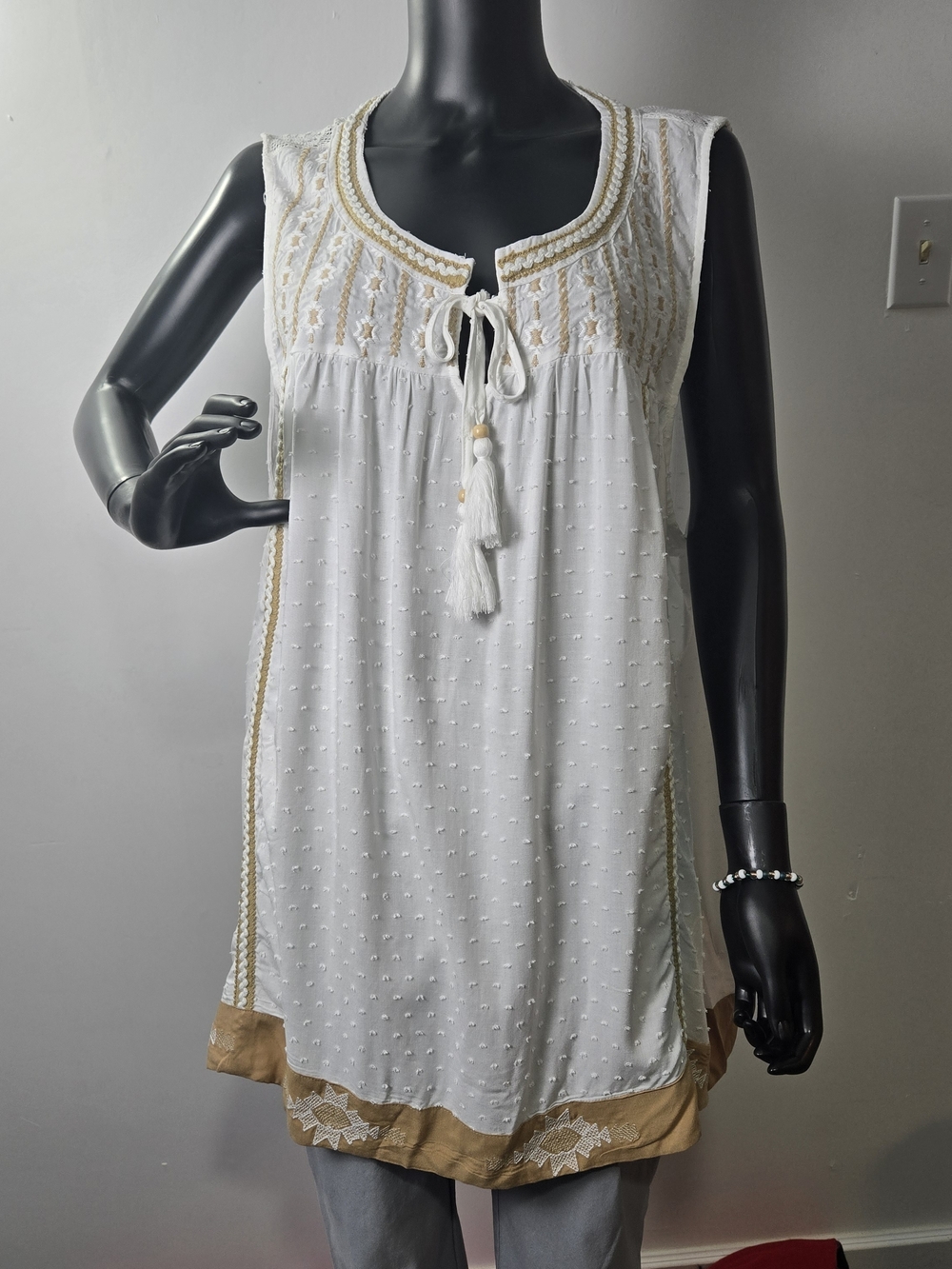 Sleeveless White Embroidered Tassel Tunic with Tan Trim